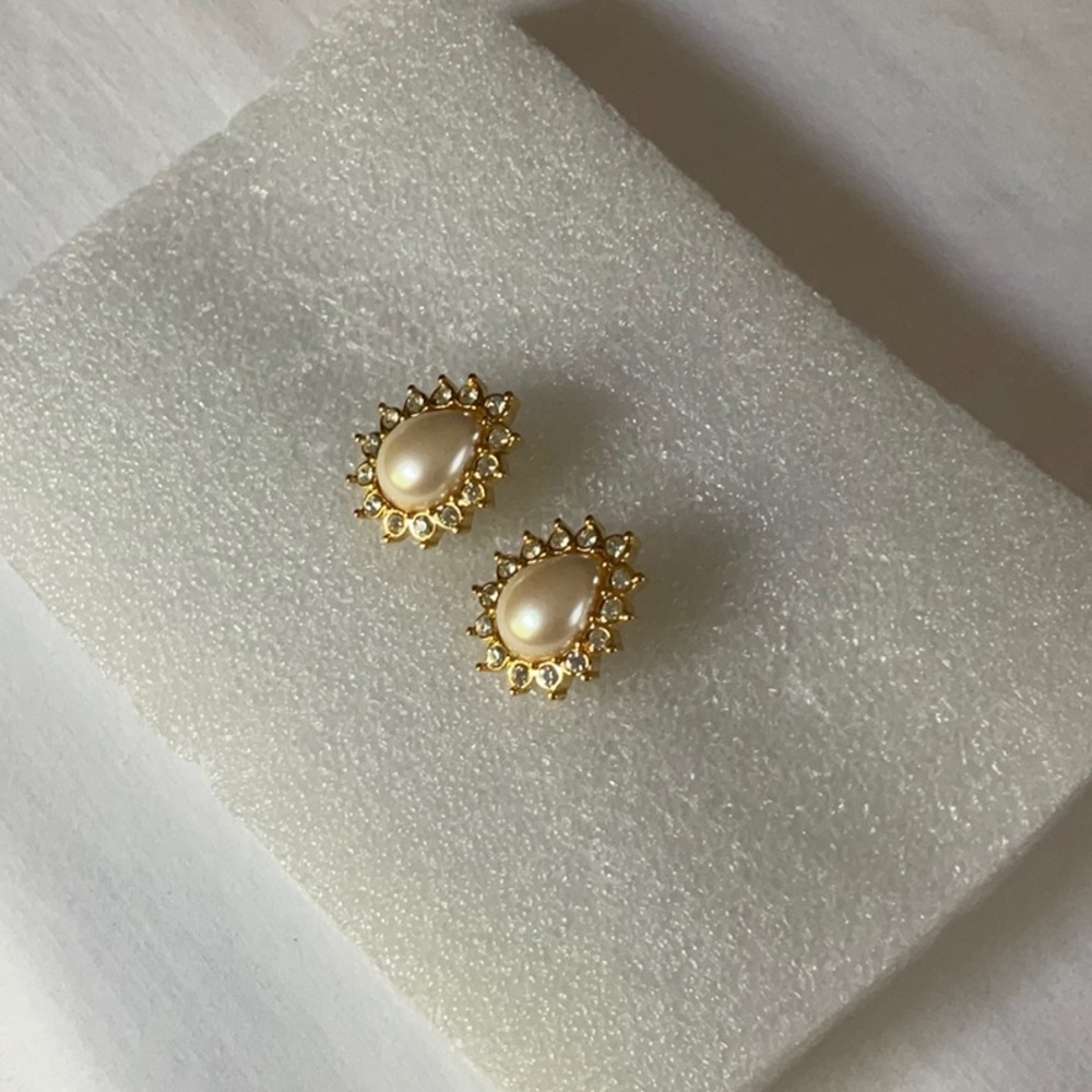 Vintage Pear Shaped Faux Pearl and Crystal Earrings